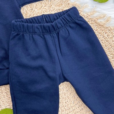 Conj. Casaco com Gola Baby Bear e Calça de Moletom - Marinho e Off White